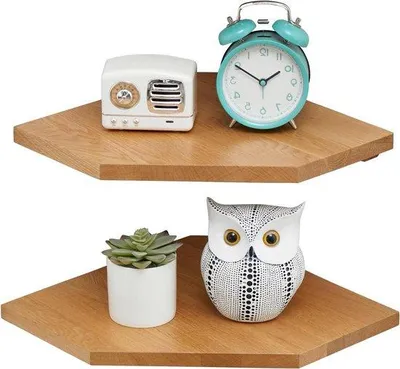 Produktbild von Famanu Eckregal Set aus 2 - Eiche - Massivholz - Vintage Landhausstil - Wandregal für Schlafzimmer und Wohnzimmer - Diamantform mit Drahtloch