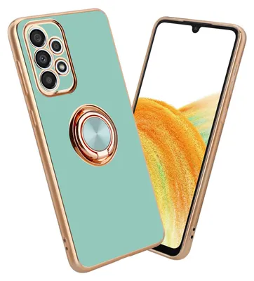 A turquoise phone case with a gold trim and a gold ring holder is shown diagonally against a white background. A smartphone screen with an abstract orange and yellow pattern is visible on the right side of the image.