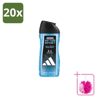 Zdjęcie produktu dla 20 sztuk żelu pod prysznic i szamponu 2 w 1 Adidas After Sport - 250 ml - zestaw ekonomiczny
