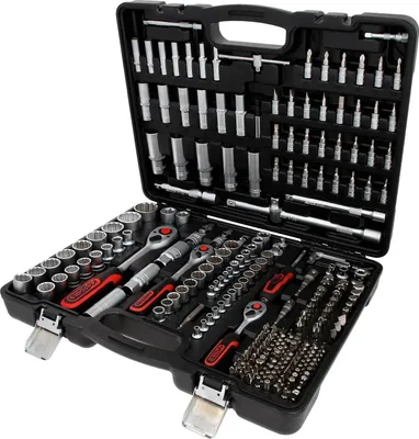 A black plastic case containing a comprehensive set of tools, including sockets, ratchets, and drill bits.