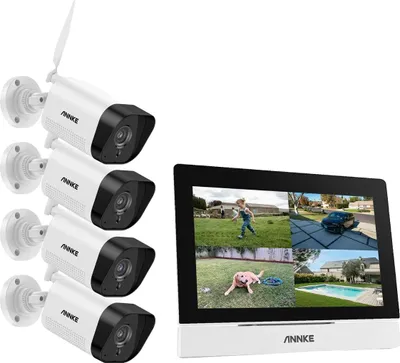 Immagine prodotto di Sistema CCTV NVR wireless, monitor da 7 pollici, risoluzione 5MP, ingresso a 4 canali, visione notturna fino a 30m, resistente alle intemperie IP66