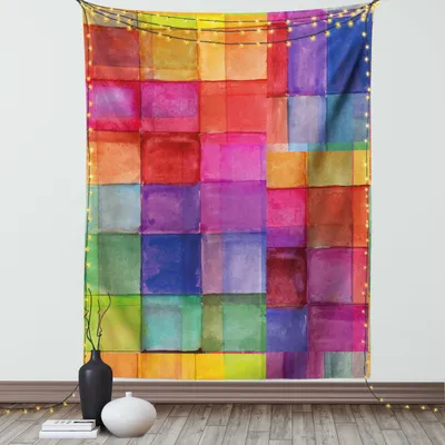 Immagine prodotto di ABAKUHAUS Arazzo astratto,  arcobaleno Motivi geometrici colorati a forma di quadrato Design acquerellato, soggiorno camera da letto Tela da parete in raso setoso, 150 x 200 cm, multicolore