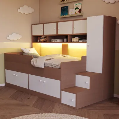 Produktbild von Kinderbett 90x200cm mit Stauraum, Kleiderschrank, Regal und LED-Beleuchtung, Holzbett mit Sicherheitsgeländer und Aufbewahrungsleiter
