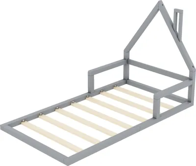 Obrázek produktu pro Abrihome dětská postel 90x200cm s roštovým rámem a tvarem domečku, podlahová postel z borovicového dřeva, šedá barva