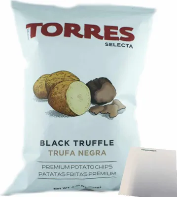 Produktbild von Torres Selecta Trufa Negra Premium Kartoffelchips "mit Schwarzem Trüffel" (125g Beutel) + usy Block