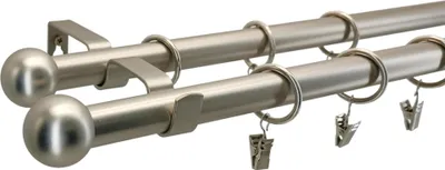 Produktbild von LOFT 120 cm Doppelte Gardinenstange 19 mm aus Metall mit Endstück BALL Komplettset mit Ringen und Clips Inklusive Montagezubehörset Farbe Satin