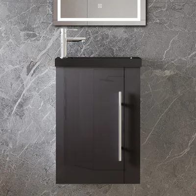 Produktbild von 45 cm Badmöbel Set Gäste WC Schwarz Waschbecken mit Unterschrank Kleines Badezimmerschrank mit Soft Close Hochglanz Schwarz