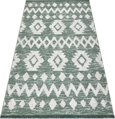 Produktbild von Teppich ÖKO SISAL BOHO MOROC Etno Zigzag 22319 Franse - zwei Ebenen aus Vlies grün / creme, recycelter Teppich Grün 117x170 cm