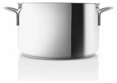 A stainless steel pot with handles, shown in a studio setting with a white background and reflection.