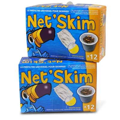 Two boxes of Net Skim universal pre-filters for skimmers are stacked on top of each other.
