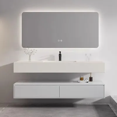 Produktbild von Wandhängendes Badezimmermöbel-Set mit Sinterstein-Waschbecken, LED-Spiegel, Unterschrank und Ablaufgarnitur, Weiß 120×55 cm【CB184-120】