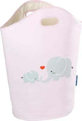 A pink laundry basket with an elephant design.