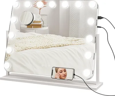 Zdjęcie produktu dla Lustro do makijażu HOMCOM Hollywood z oświetleniem, 62,5 x 52 cm, obrotowe o 360°, z 15 diodami LED, 3 kolory światła, port ładowania USB, uchwyt na telefon komórkowy, przełącznik dotykowy, lusterko kosmetyczne, 10-krotne powiększenie, białe