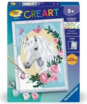 Imagen del producto de Kit de pintura por números, CreArt Kids, Unicornio con flores, 18x24 cm, a partir de 9 años. Incluye marco, pincel y pinturas. Marca: Ravensburger