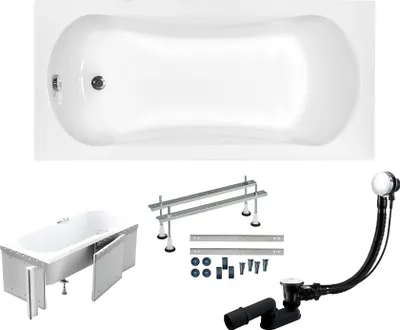 Zdjęcie produktu dla Wanna Akrylowa Zestaw 4w1 Prostokątna 130x70 Biała + Zabudowa Styropianowa, Nowoczesny Chrom Premium Syfon i Nogi (stelaż) w komplecie | BADLAND ARIA