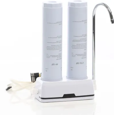 Zdjęcie produktu dla Naturewater NW-2-PPCTO 2-stopniowy nablatowy filtr do wody, 5 µ, wkład filtrujący z PP z osadem i węglem aktywnym, z uniwersalnym adapterem, kranik