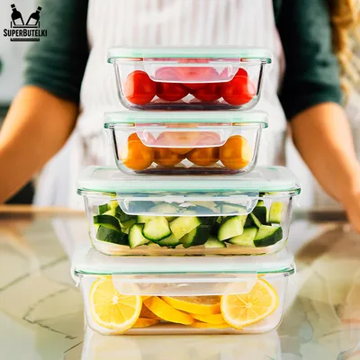 Zdjęcie produktu dla SuperButelki - Zestaw pojemników, 4 sztuki, LUNCHBOX, 370 ml, 630 ml, 1000 ml, 1500 ml szklane i hermetyczne, do przechowywania żywności