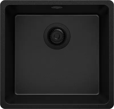 A top-down view of a black kitchen sink with a drain.