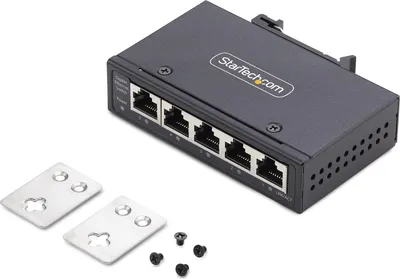 Produktbild von StarTech.com 5-Port Mini Netzwerk Switch für Hutschiene/Wandmontage, Unmanaged Industrie Gigabit LAN Switch, Robuster IP30 100Mb/1Gb Switch, -40-75° C, 9-60 VDC, TAA Konform, Unmanaged, Gigabit Ethernet (10/100/1000), Vollduplex, Wandmontage