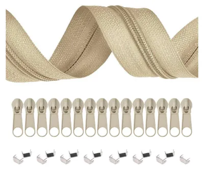 6m Endlos-Reißverschluss 5mm mit 15 Zippern und 15 Endstücke beige