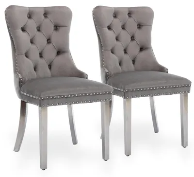 Productafbeelding van Set van 2 fluweleetstoelen voor de eetkamer, met een hoge rugleuning en een zilverkleurig frame van rubberhout, grijs