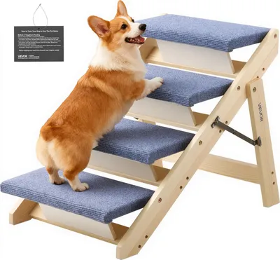 Zdjęcie produktu dla Schody dla psów VEVOR 630 x 470 x 490 mm, 4-stopniowe schody dla zwierząt, składane schody drewniane odpowiednie dla małych, średnich, dużych, starszych zwierząt domowych oraz szczeniąt o wadze do 68 kg, drabinka dla psów do łóżek, sof i samochodów