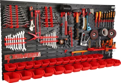 A tool wall organizer with various tools and storage bins.
