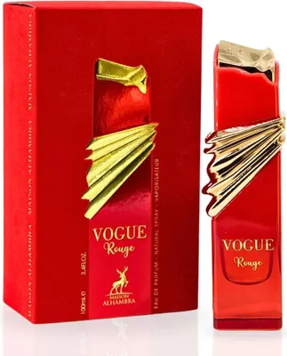 A red perfume bottle and its packaging are displayed against a white background.