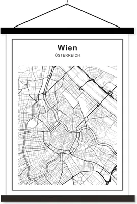 Produktbild von MuchoWow® Textilposter Stadtplan - Wien - Schwarz und weiß 60x80 cm mit schwarzem Rahmen - Plakathalter
