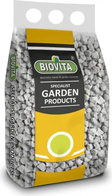 A bag of decorative stones for gardening.