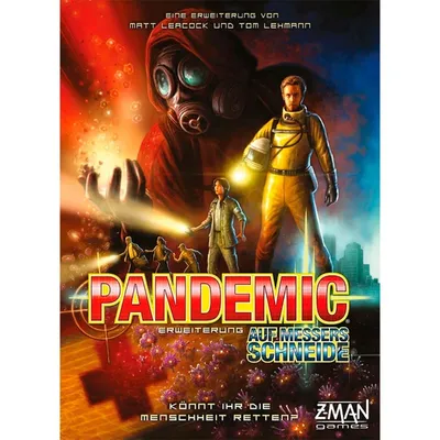 The image is the box art for the board game expansion 'Pandemic: Auf Messers Schneide'. It features dramatic artwork with figures in protective gear, a menacing figure in a gas mask, and a cityscape in the background.