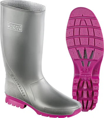 A pair of gray rain boots with pink soles and a separate pink sole shown.