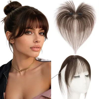 Produktbild von Pony Haarteil Echthaar Dunkelbraun 100% Remy Clip in Extensions Dünnes Haartopper Damen 9g