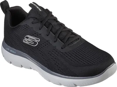 A black Skechers sneaker with a gray sole is shown against a white background.