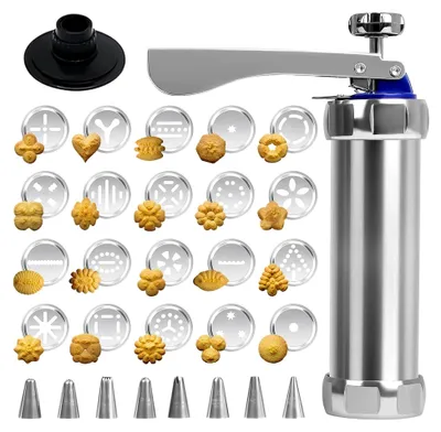 Produktbild von Gebäckpresse für Spritzgebäck Edelstahl, Gebäckpresse mit 20 Schablonen und 8 Edelstahl Tüllen, Profi Kekspresse für Kuchen, Kekse und Dessertdekorationen