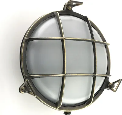 Produktbild von Außenlampe Wand Glas Echt-Messing E27 IP64 rund D: 24 cm in Messing antik Weiß Maritim Kellerlampe