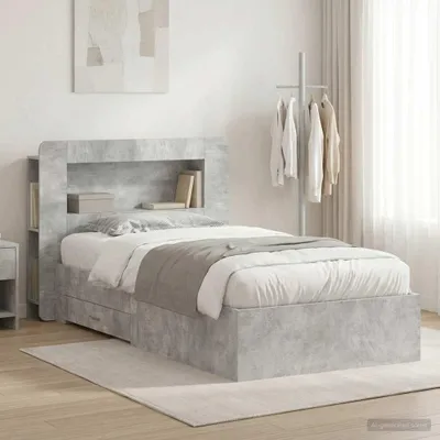 Image de Lit de luxe avec rangement, coloris gris béton, dimensions 80 x 200 cm, fabriqué en panneaux de particules