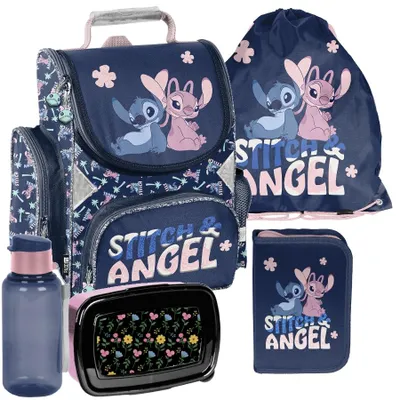 Produktbild von Schulrucksack Mädchen Jungen Motiv LILO & STITCH 5 T Set Rucksack, Federmäppchen, Schuhbeutel, Trinkflasche, Frühstückstasche Mega-Set Paso STICZ