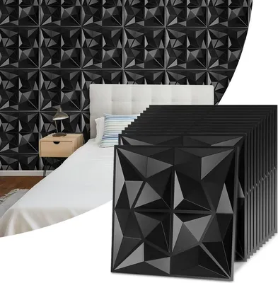 Obrázok produktu pre Clanmacy 12ks 3D panelov na stenu Polyvinylchlorid PVC - obklady na stenu a strop - 50x50 cm (0,25 m²) - ľahké, flexibilné a ľahko sa inštalujú - čierne