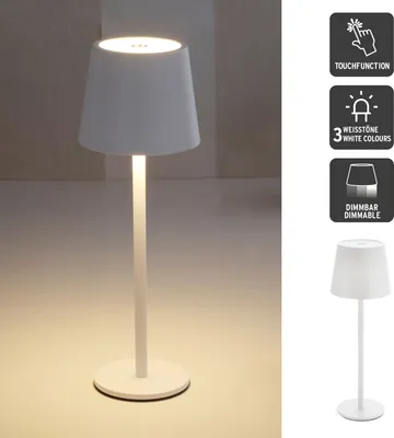 Produktbild von LED Metall Akku Tischleuchte Weiß mit Touchfunktion 3 Weisstöne Dimmbar Nachttischlampe Schreibtischlampe