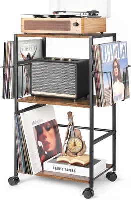 Image de Table d'appoint mobile avec rangement pour disques vinyles et support pour platine, pouvant accueillir jusqu'à 150 albums