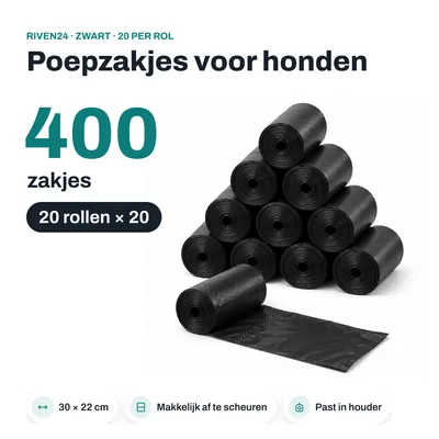 Productafbeelding van RIVEN24 Poepzakjes voor honden zwart, 400 zakjes (20 rollen × 20), 30 × 22 cm, voor houder