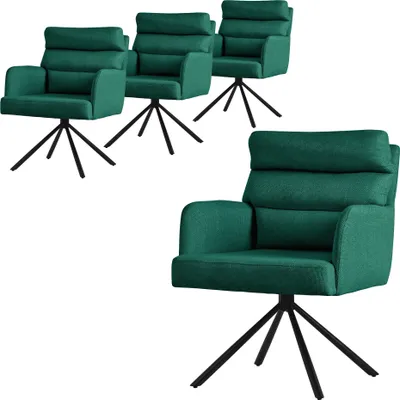 A set of four dark green swivel chairs with black metal legs, arranged on a white background.