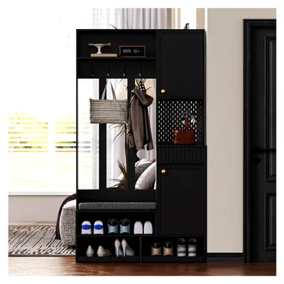 Produktbild von Garderobenset mit Sitzbank, Komplett-Set für den Flur mit Schrank, 4 Haken, Türen und Schubladen, Möbelset für das Vorzimmer, Schwarz, 100x180x35 cm