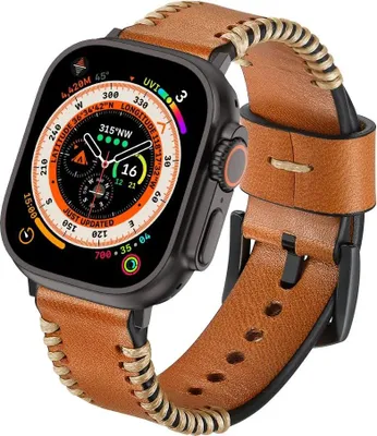 Produktbild von Strap-it Stitched Echtlederarmband - passend für Apple Watch Series 1/2/3/4/5/6/7/8/9/10/11/SE/Ultra(2) - iWatch Armband Leder für große Größen: 44mm 45mm 46mm 49mm (braun)