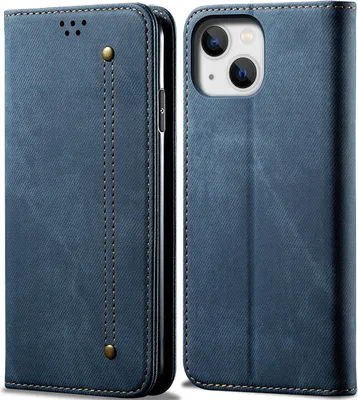 A blue denim leather wallet flip case for an iPhone 15 is shown from the front and side.