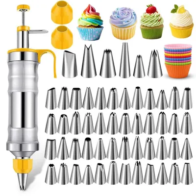 Produktbild von 66-teiliges Spritzbeutel- und Tüllen-Set - Lebensmittelechte Tüllen aus Edelstahl 304 - Spritzpistole - Für Torten, Kekse, Brot und Cupcakes