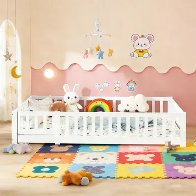 Produktbild von INONEFT Bodenbett 90x200 cm mit Rausfallschutz,Kinderbett mit Abnehmbare Turverkleidung, Montessori bed, Massivholz, ohne Matratze, Weiß
