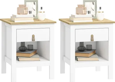 Image de HOMCOM Lot de 2 tables de chevet table de nuit avec tiroir et compartiment ouvert, style moderne pour chambre à coucher, salon, 45 x 40 x 55 cm, blanc