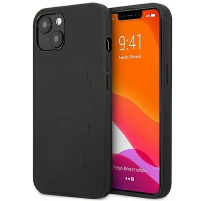 A black iPhone case is shown next to an iPhone displaying its lock screen.